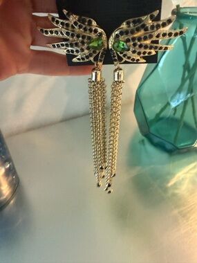Shoe Dazzle Gold Wing Tassel Earrings with Green and Black Accents